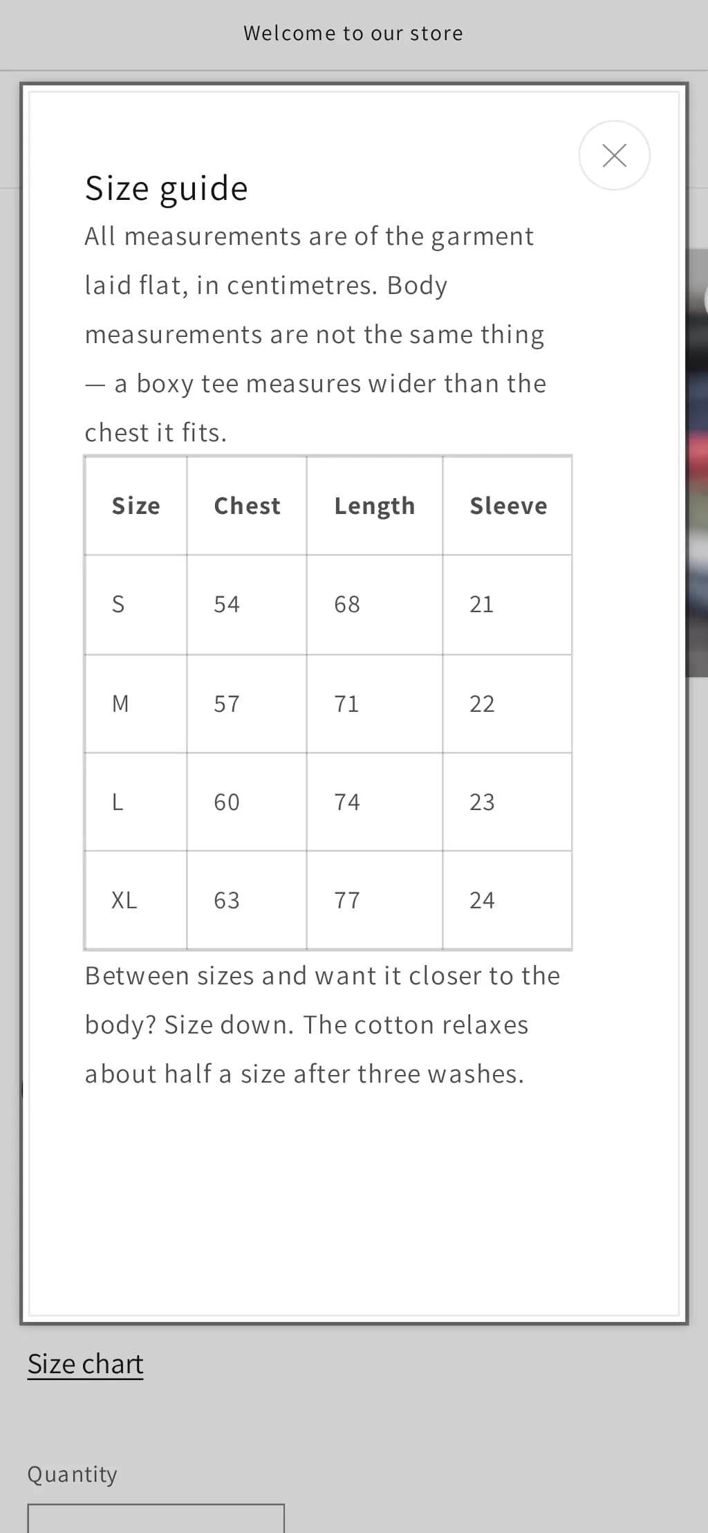 Dawn product page on a phone with a size chart table open in a pop-up over the page