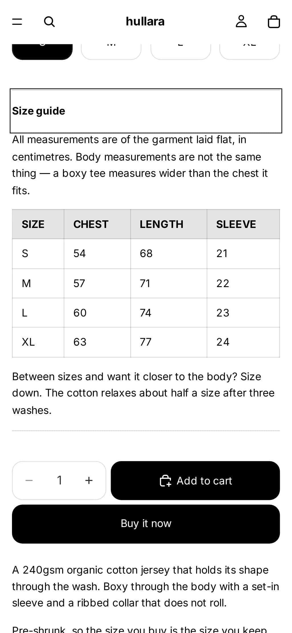 Horizon product page on a phone with the same size chart opened in place under the variant picker