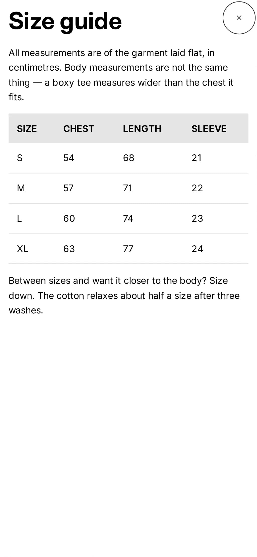 Horizon product page on a phone with the size chart table open in a dialog
