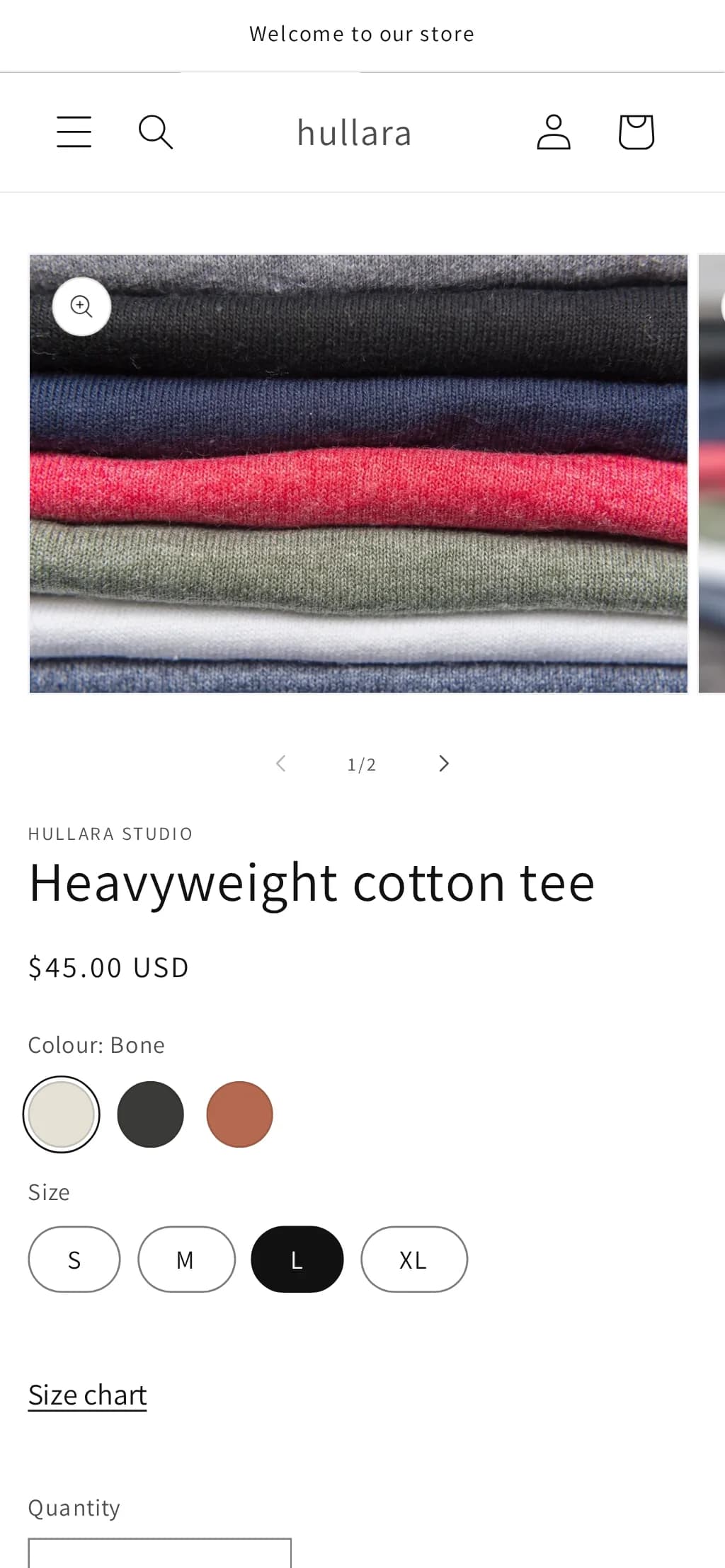 Dawn product page on a phone, scrolled past the buy button, with the snippet's bar docked at the bottom showing the product name and an Add to cart button