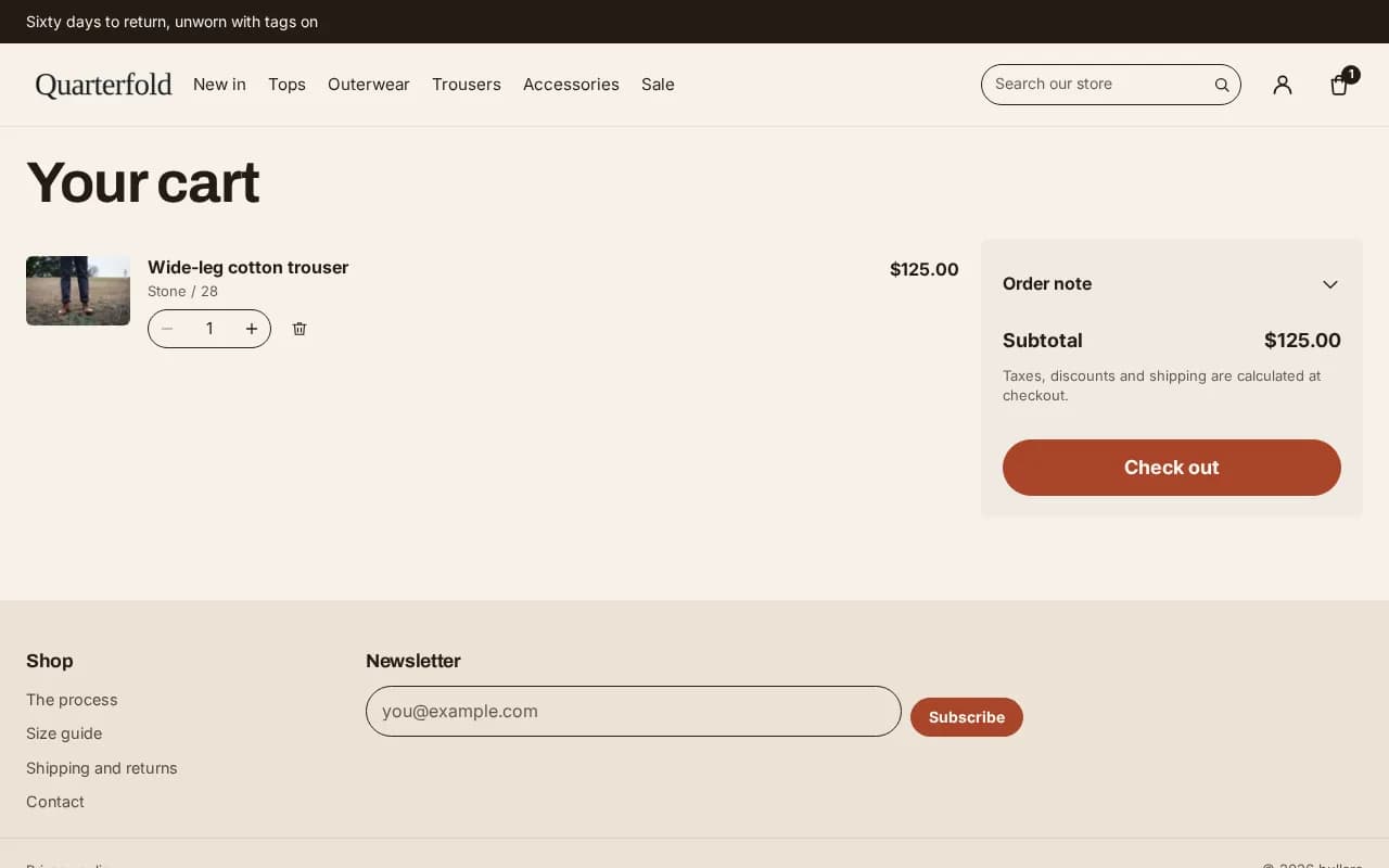 Cart page with one line: product image, variant, quantity stepper and subtotal
