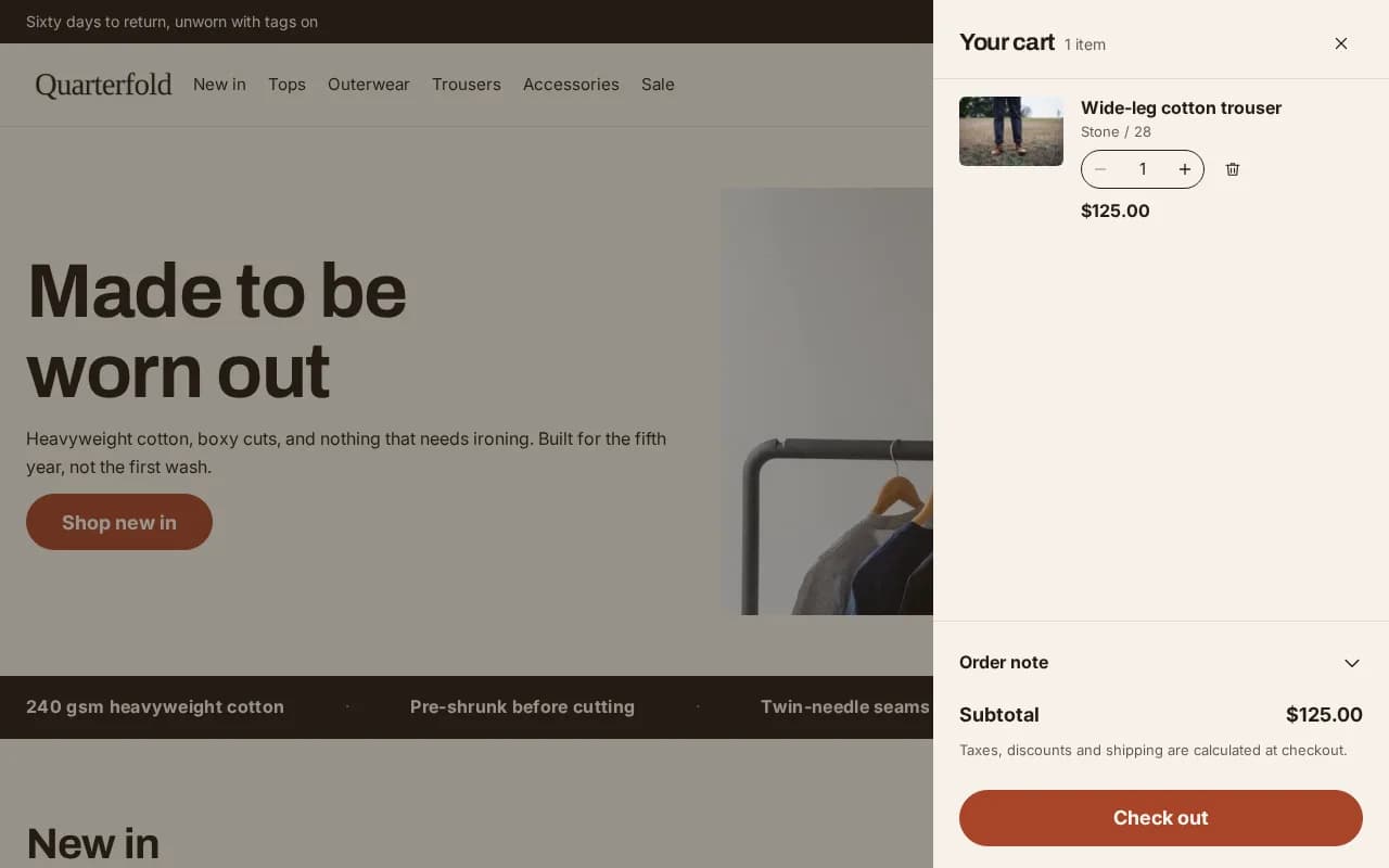 Cart drawer sliding over the storefront with one line item and a checkout button