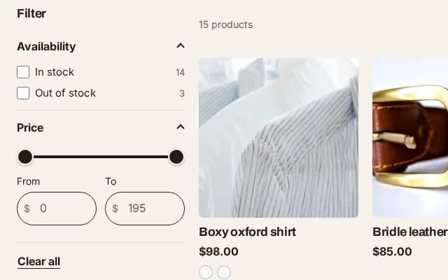 The collection page's filter sidebar: availability counts, a price range slider and a clear-all link