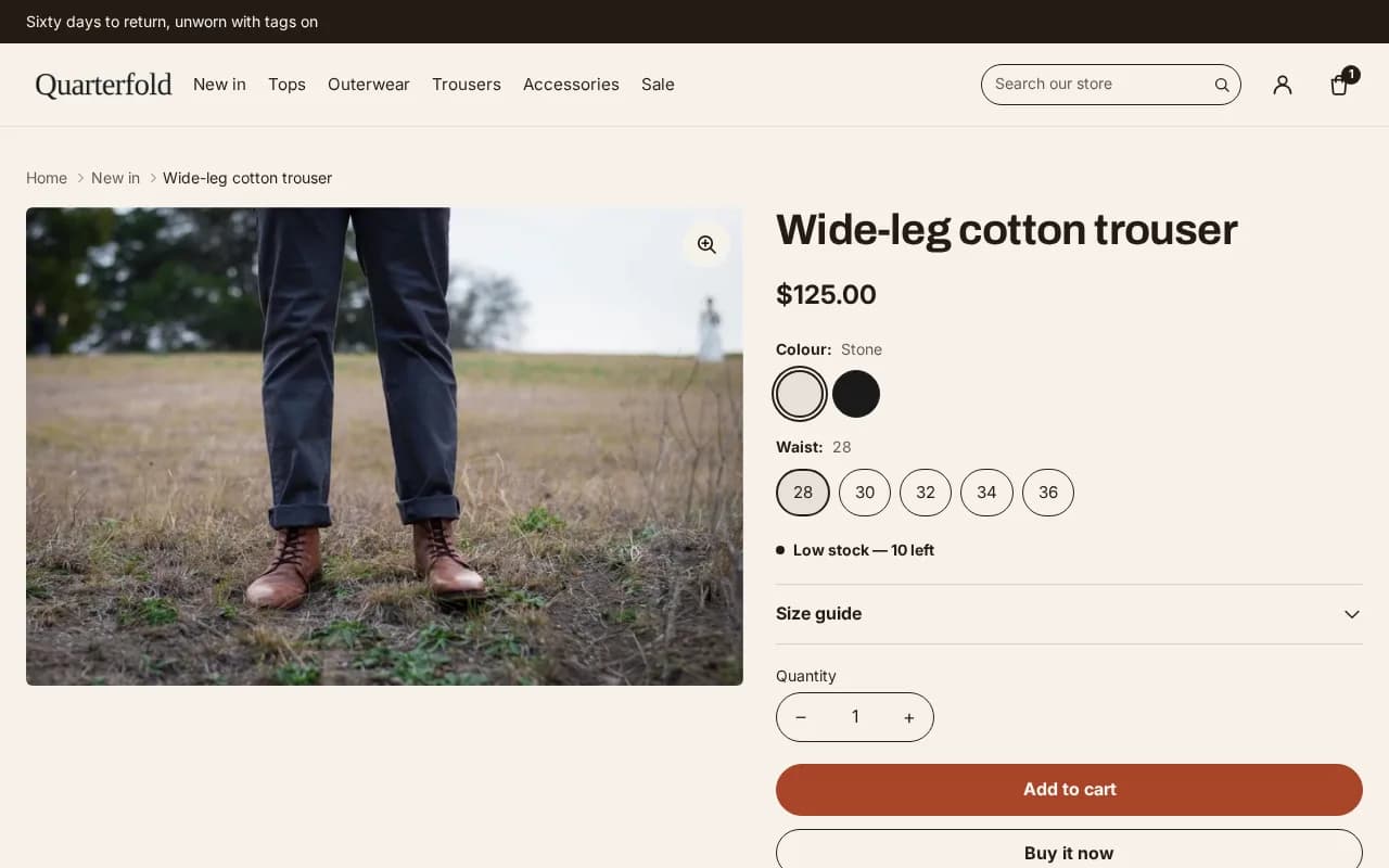Product page with an image gallery, colour and size swatches, a stock line and an add-to-cart button