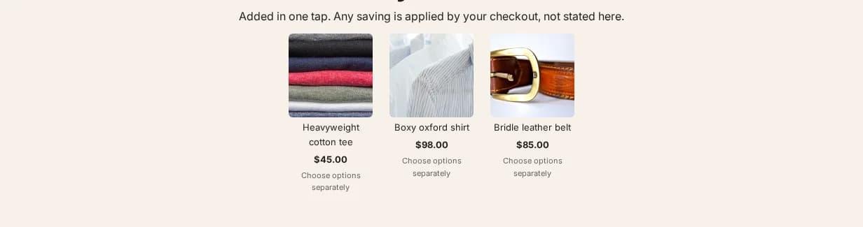 Three products shown side by side under a heading, each with its own price and one add button beneath