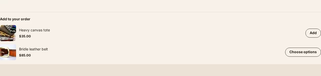 A row of two products offered inside the cart, each with its own price and an add button