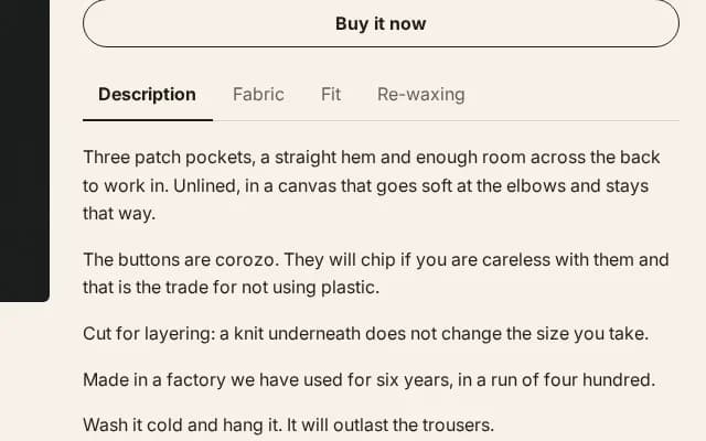 The product tabs block, as it renders on a real storefront