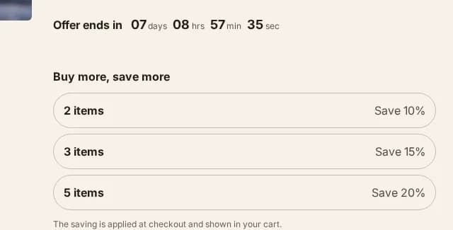 The quantity-break ladder on the product page — two, three and five items against the saving each earns, above the note that the discount is applied at checkout