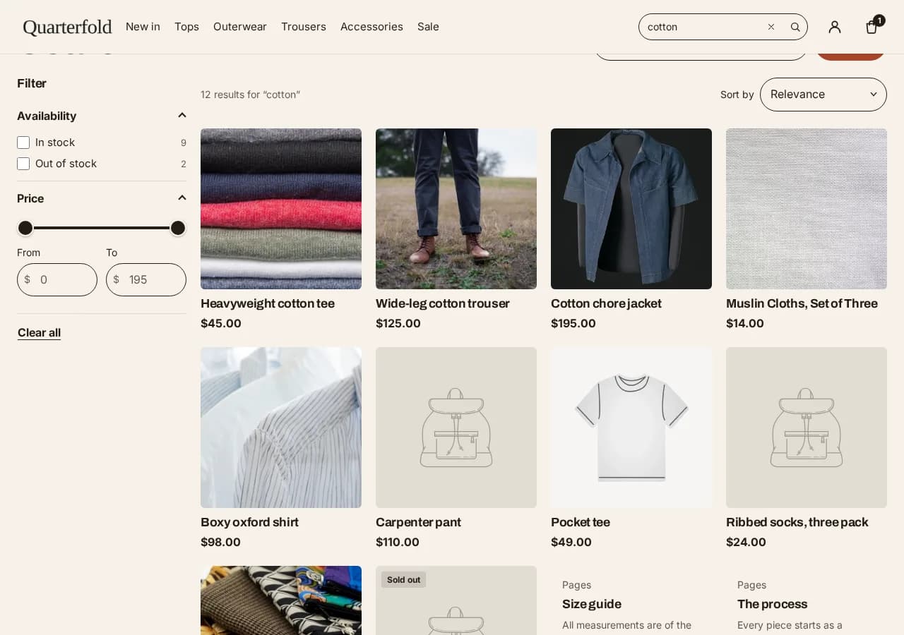 The search results page, with the query, a result count, sort control and a grid of matching products