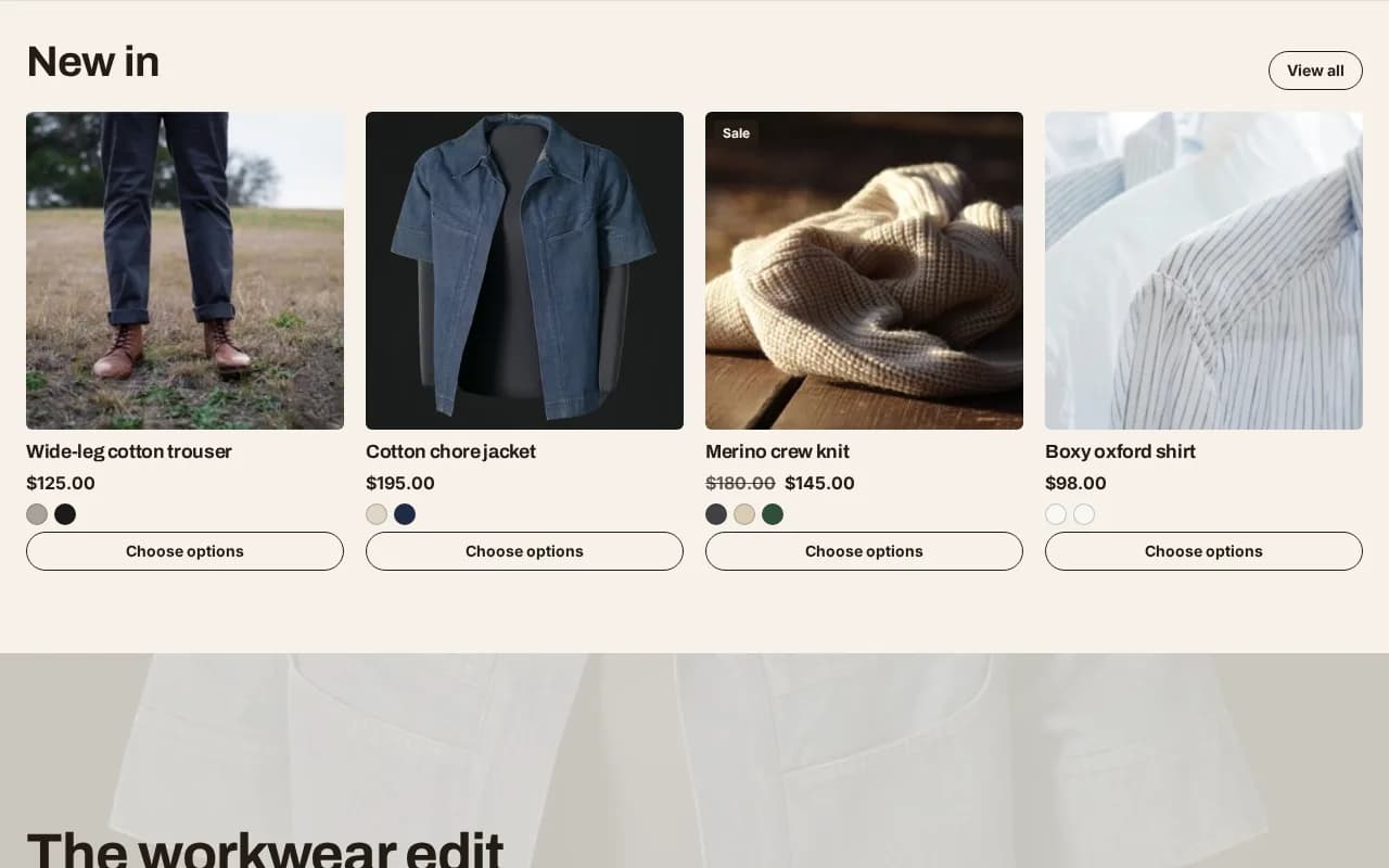 The apparel homepage past the hero: a four-up product grid with prices and colour swatches, above a full-width banner with its own heading and button