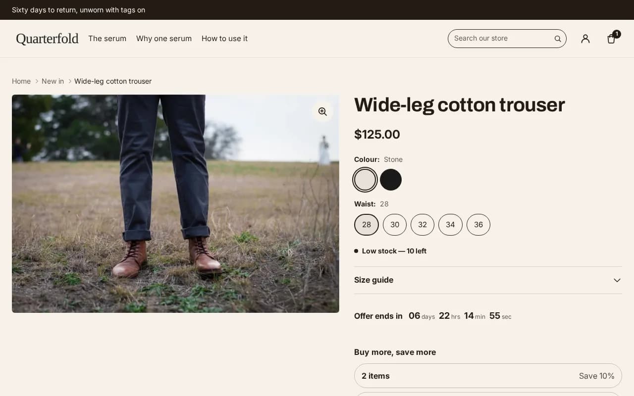 Product page with a 'Buy more, save more' panel offering 2, 3 and 5 items at 10%, 15% and 20% off