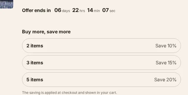 A full product page with the quantity tier row below the buy button