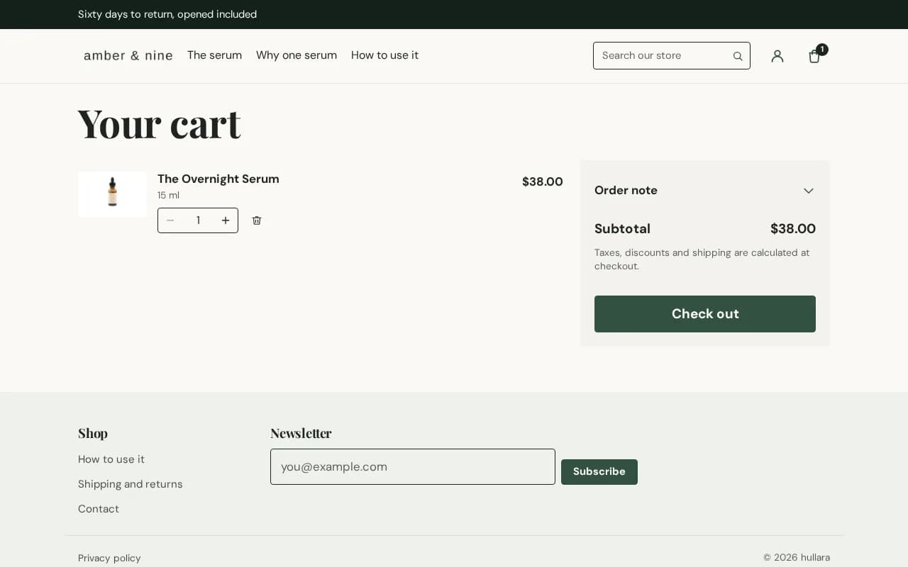 Cart page with one line: product image, variant, quantity stepper and subtotal
