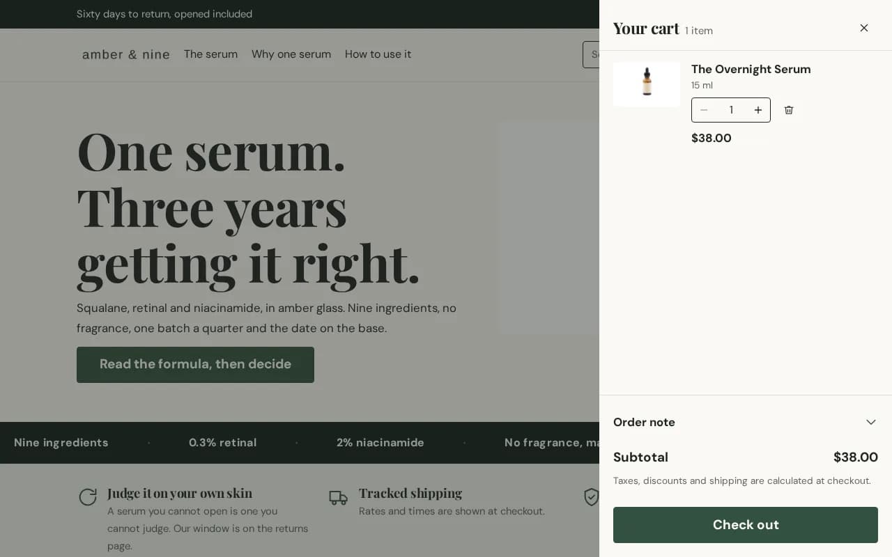 Cart drawer sliding over the storefront with one line item and a checkout button