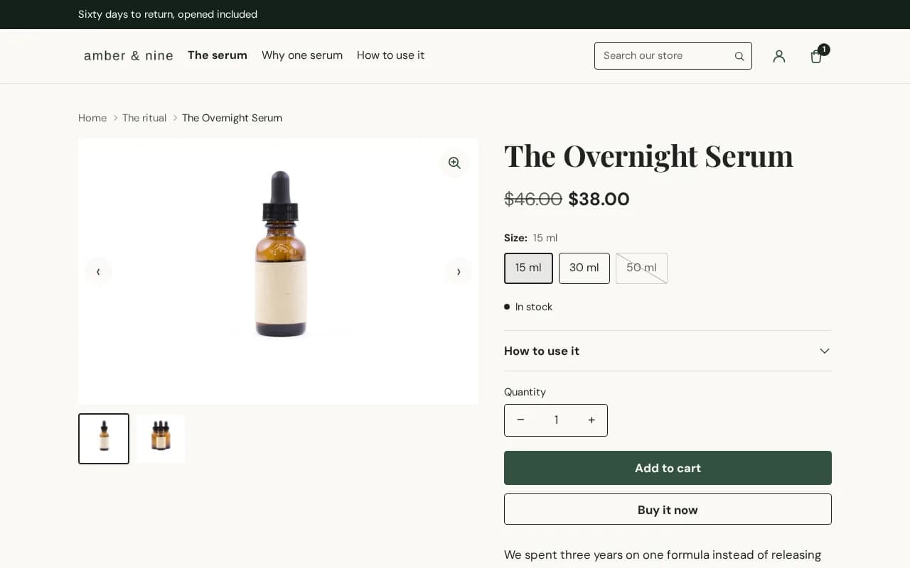 The one-product page built from stacked blocks: gallery, price, variant picker and buy button in the theme editor's own order