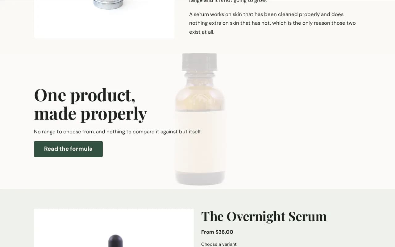 A long-form story row on the homepage: a heading and body copy beside a product photograph