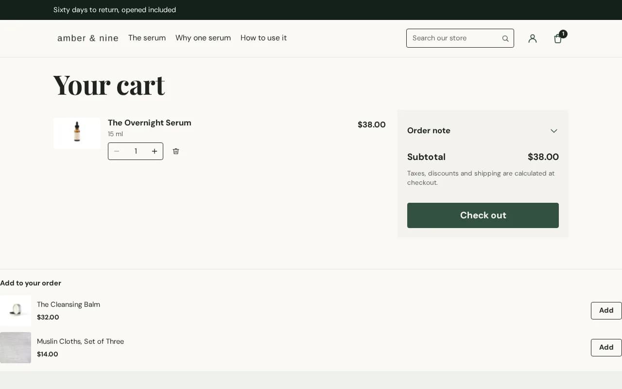 Cart page with one line: product image, variant, quantity stepper and subtotal