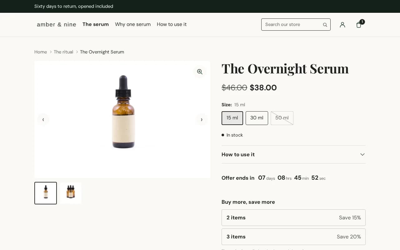 The Pro one-product page built from stacked blocks, in the order set in the theme editor
