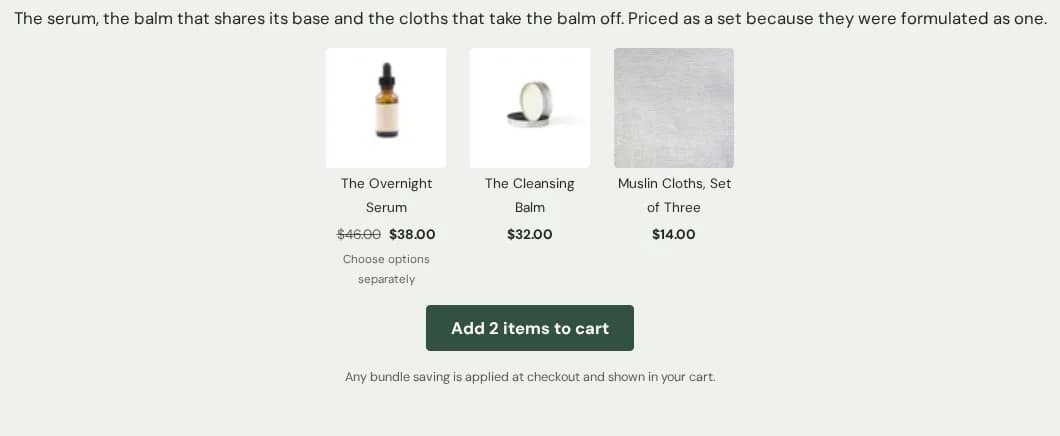 A Pro bundle section on the one-product homepage: three products side by side with their own prices and one button that adds all of them