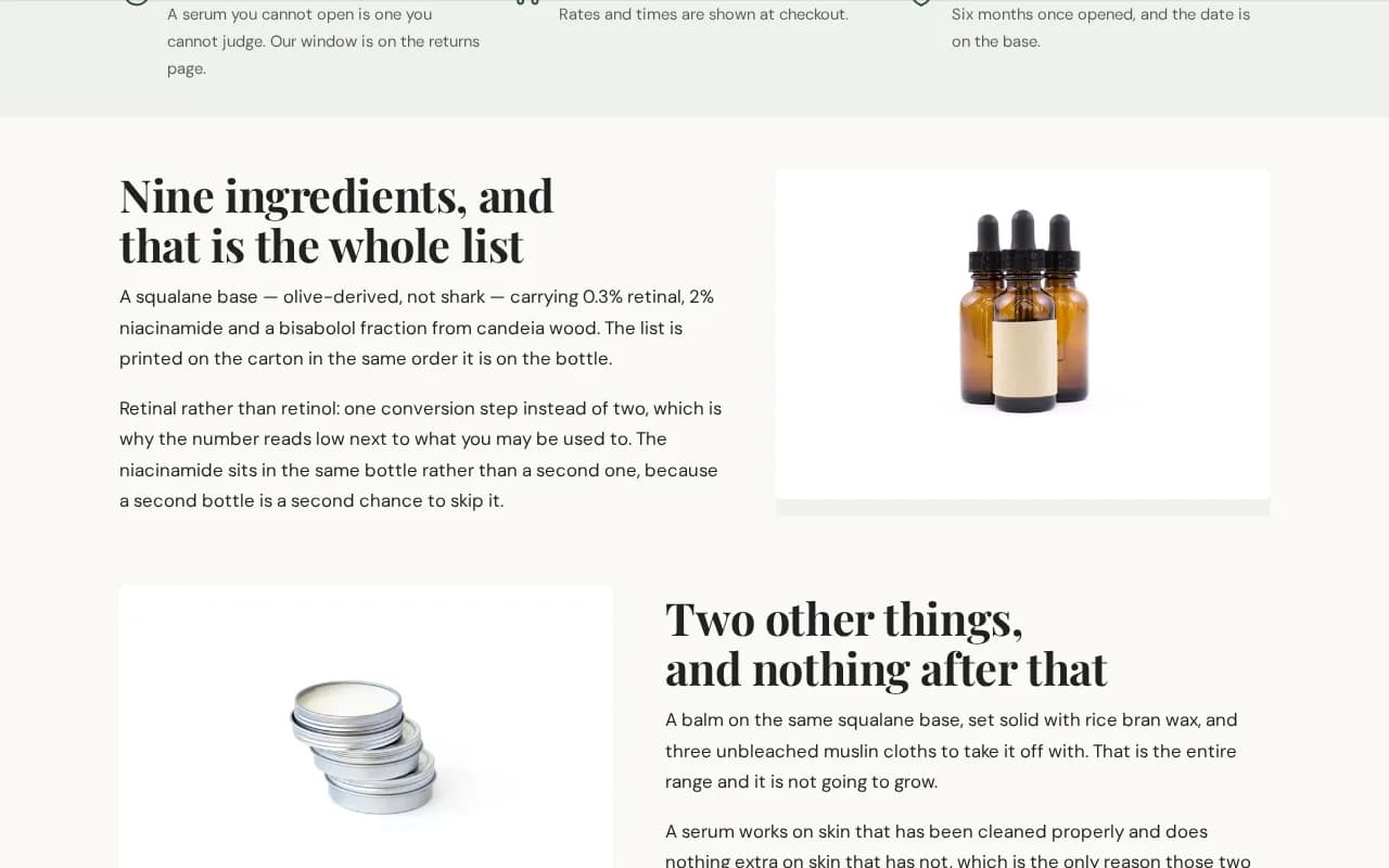 Two story rows further down the homepage: a heading and body copy beside a photograph of the product, then the same shape reversed