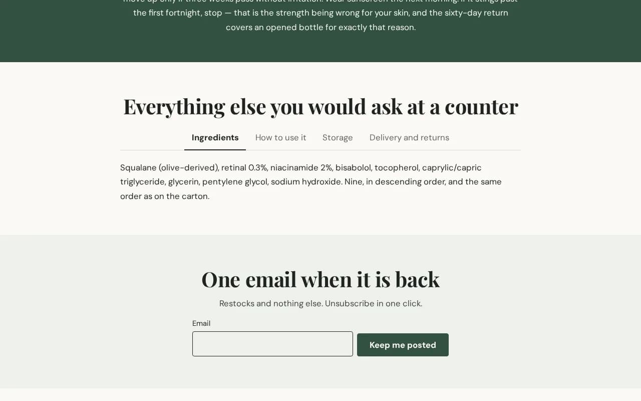The one-product homepage with a row of tabs — ingredients, how to use it, storage, delivery and returns — and the first panel open beneath them