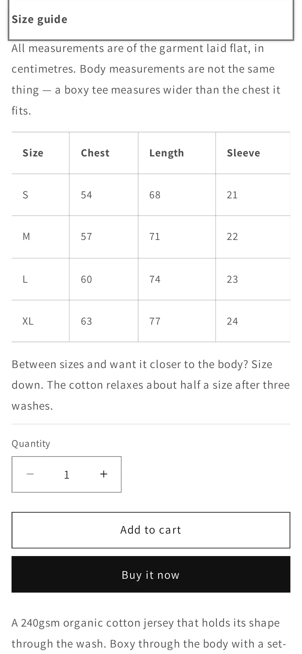 Dawn product page on a phone with the size chart opened in place under the size picker, its table scrolling sideways inside the page