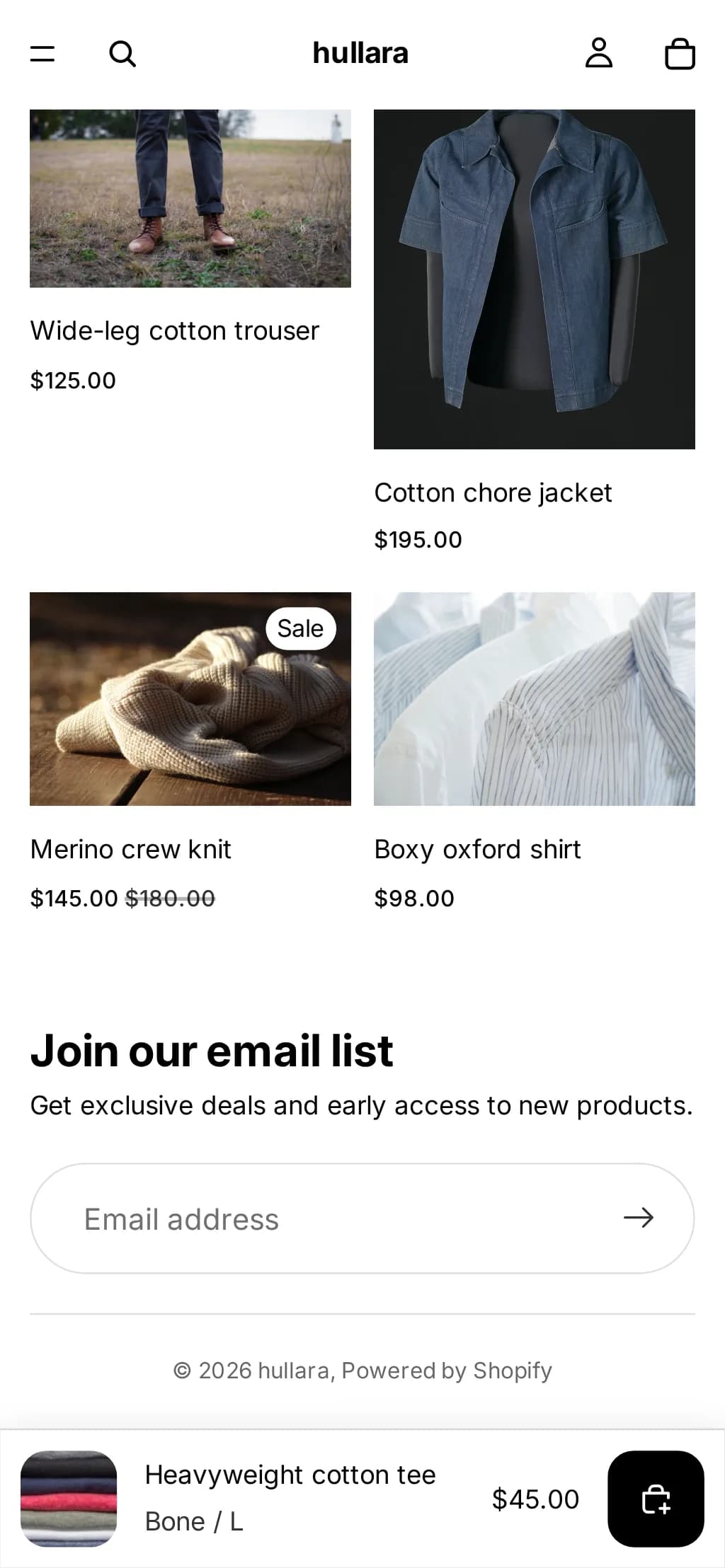 Horizon product page on a phone, scrolled past the buy button, with the theme's own add-to-cart bar docked at the bottom