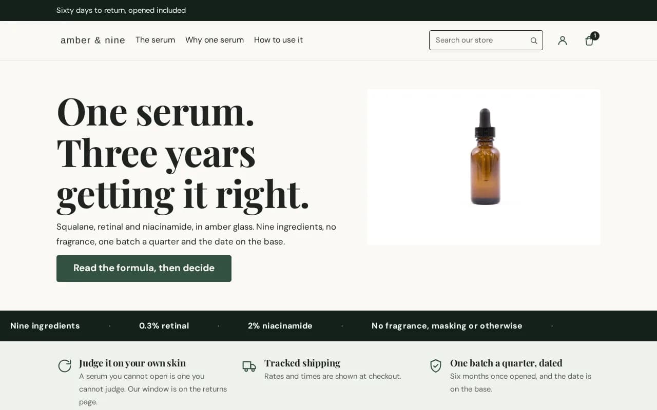 Advertorial homepage: a three-line headline and one call to action beside a photograph of the product